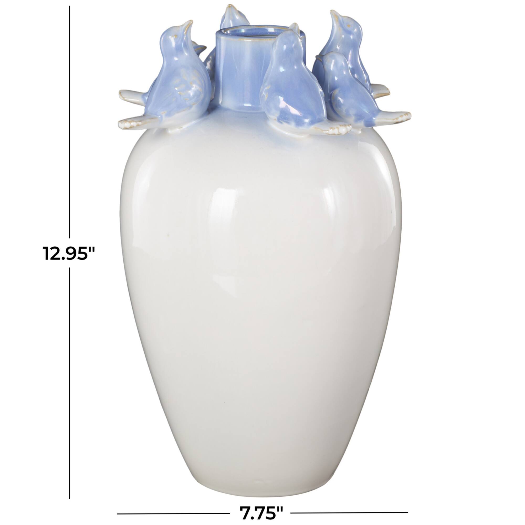 13" White Ceramic Bird Decorative Vase with Blue Accents